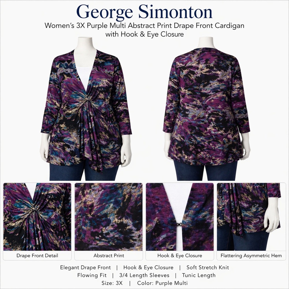 George Simonton Womens 3X Purple Multi Abstract Print Drape Front Cardigan A2303